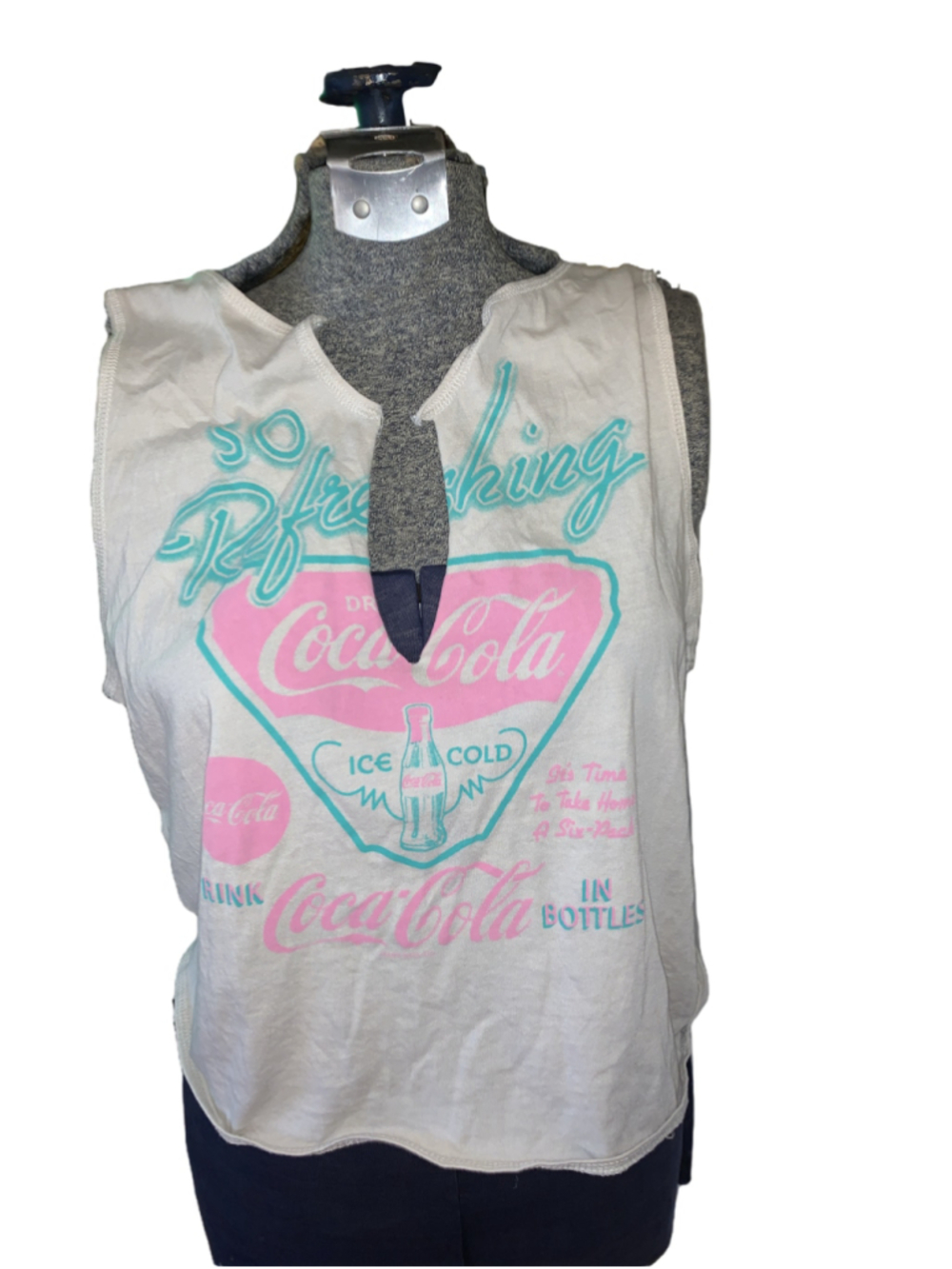 Women's Coca-Cola Tank Top Size L White Pink Graphic Shirt cut neckline